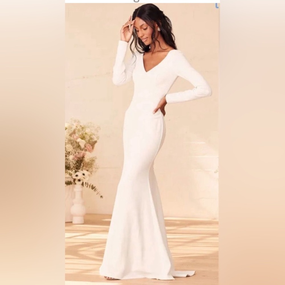 Lulus Feeling of Forever White Long Sleeve Mermaid Maxi Wedding Dress  # 0327